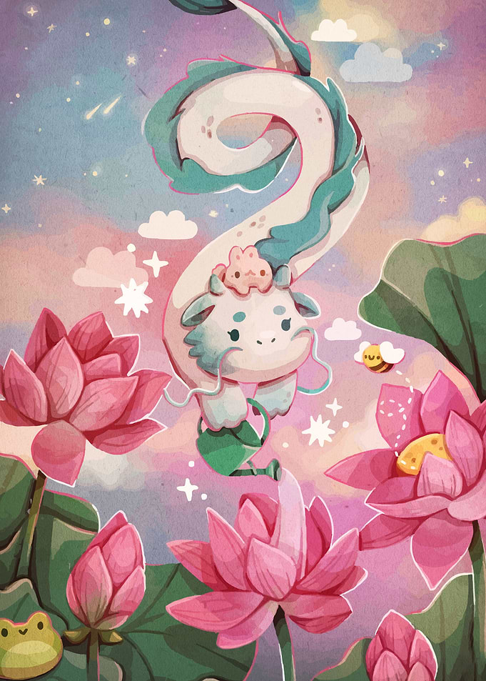 Cute Dragon with Lotus Flowers