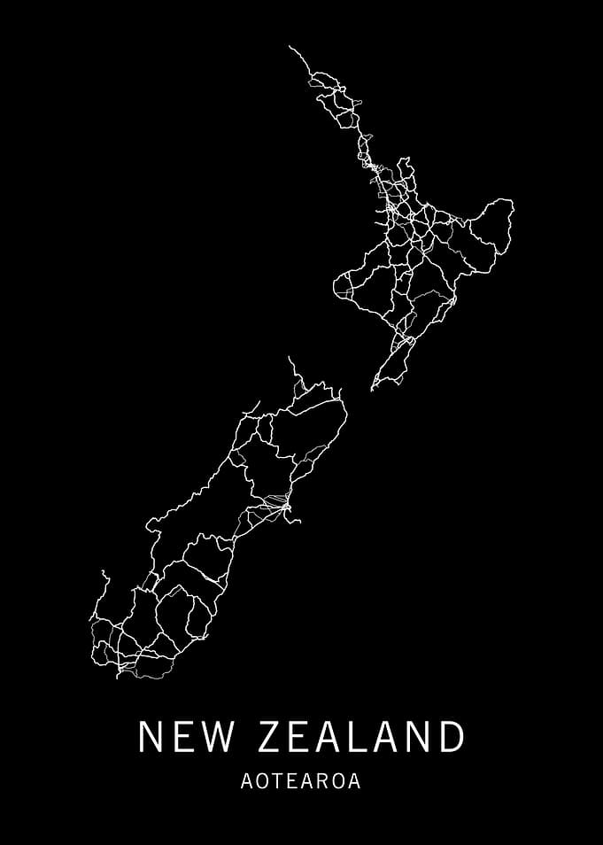 New Zealand Road Map - White on Black
