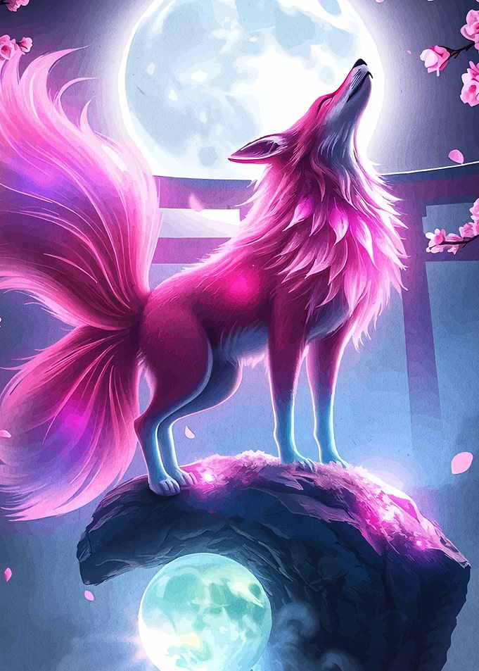 Pink Fox Howling at the Moon
