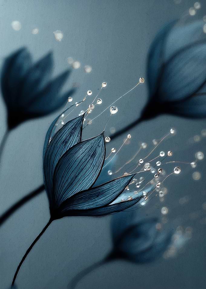 Blue Floral with Water Droplets