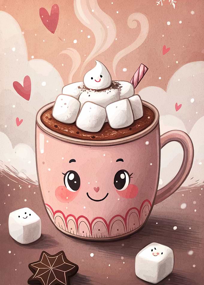 Cute Kawaii Hot Chocolate with Marshmallows