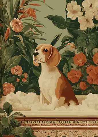 Beagle in Floral Bathtub