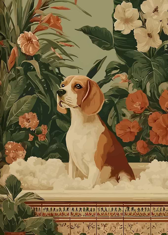 Beagle in Floral Bathtub