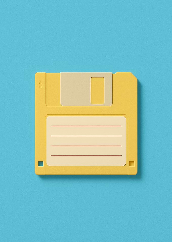 Yellow Retro Floppy Disk on Blue Background