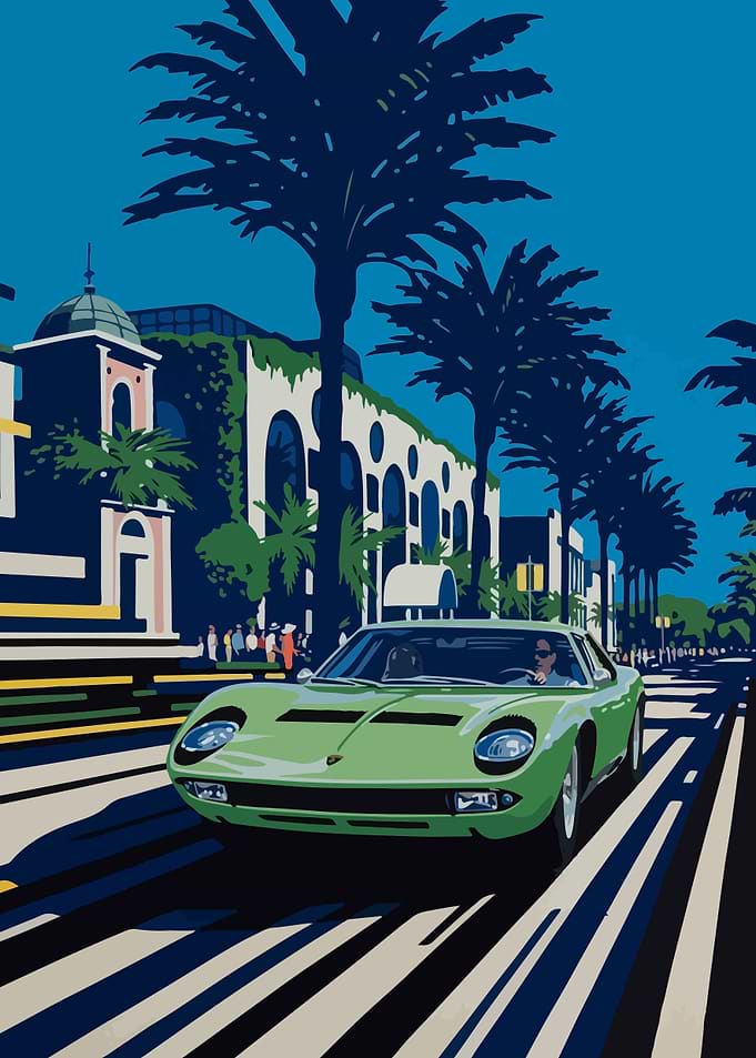 Green Lamborghini Miura on City Street