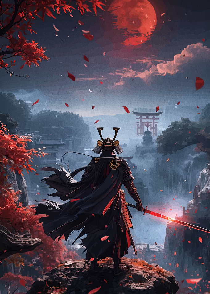 Samurai Warrior with Red Moon