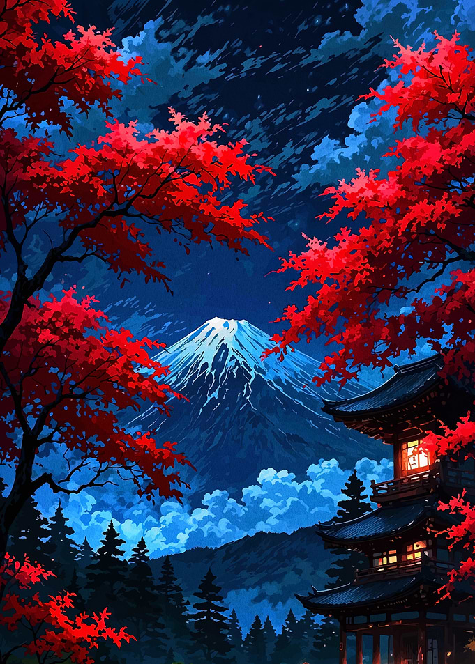 Mount Fuji with Red Maple Trees