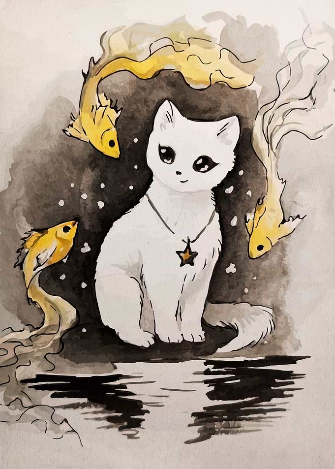 Cat with Goldfish Watercolor Painting