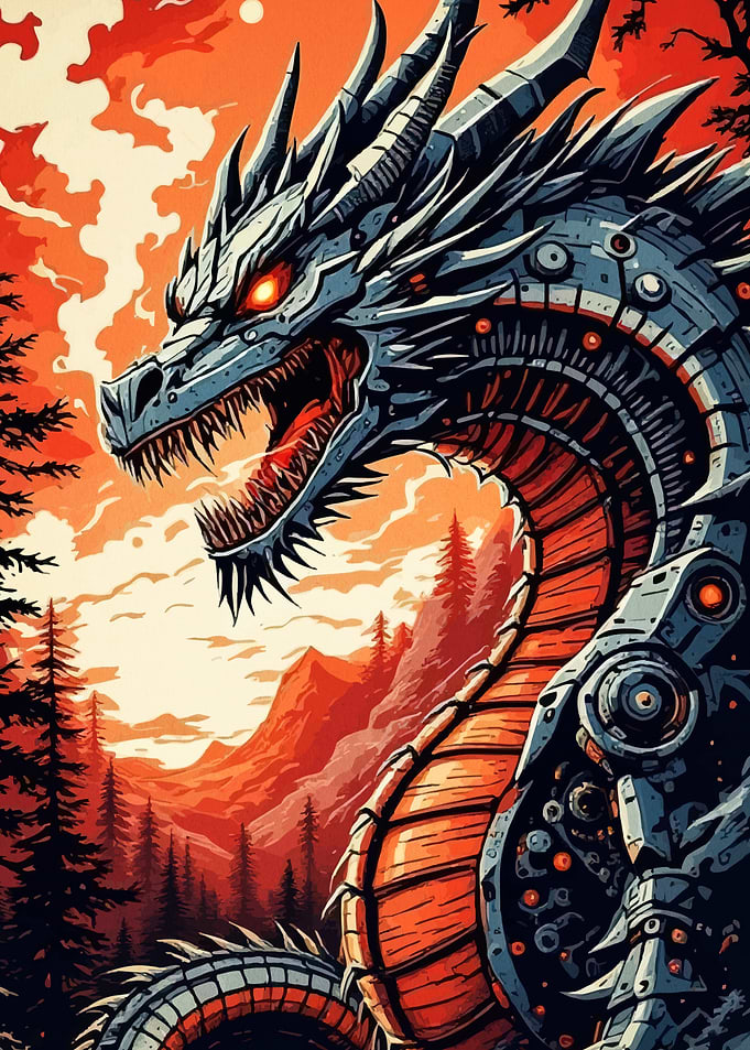 Mechanical Dragon Fiery Landscape