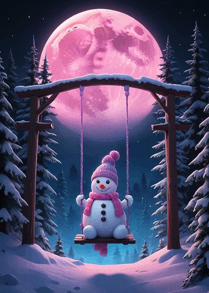 Snowman on Swing with Pink Moon