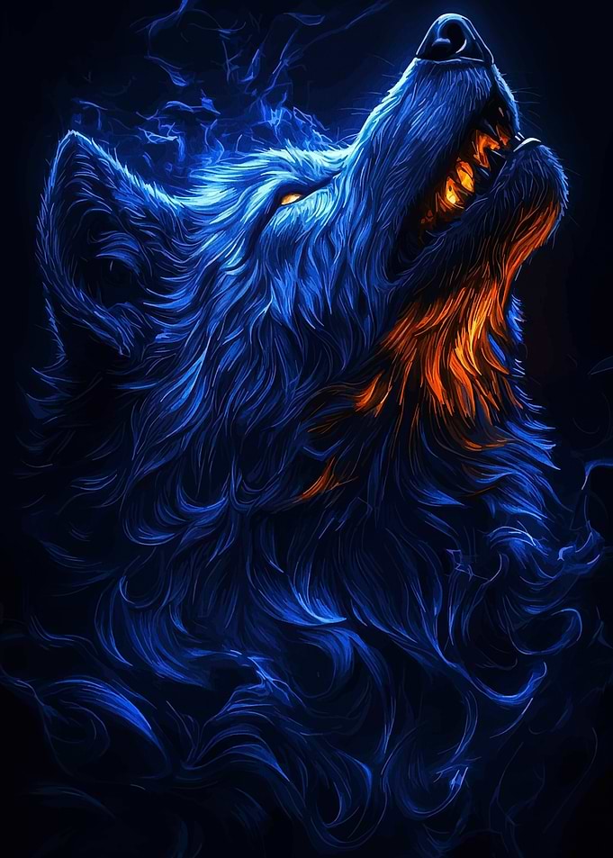 Blue and Orange Howling Wolf