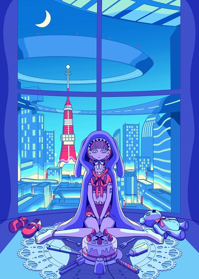 Anime Girl with Cake in Tokyo