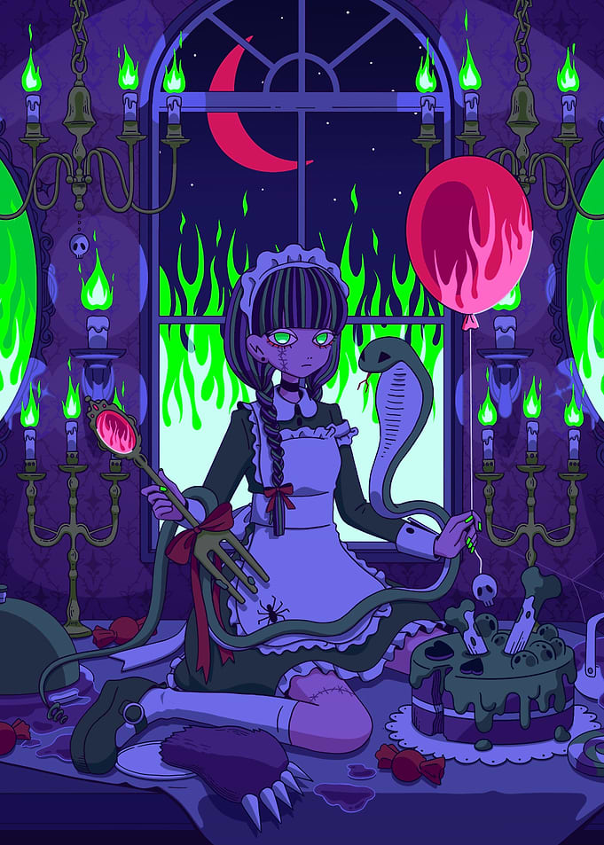 Spooky Maid with Snake and Cake