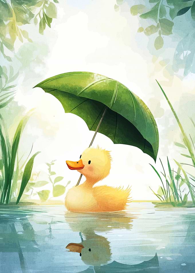 Duckling with Leaf Umbrella in Water