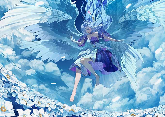 Winged Angel in a Floral Sky