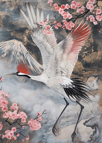 Japanese Crane with Cherry Blossoms Painting