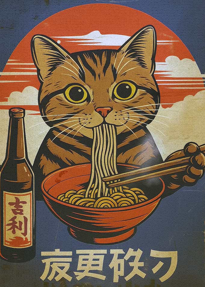 Cat eating ramen with beer