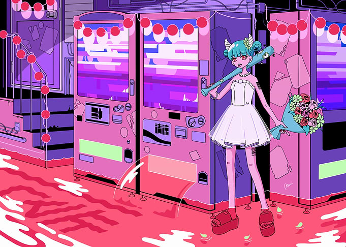 Anime Girl with Baseball Bat and Flowers