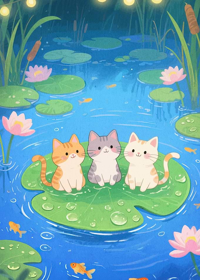 Cats on Lily Pad Pond Illustration