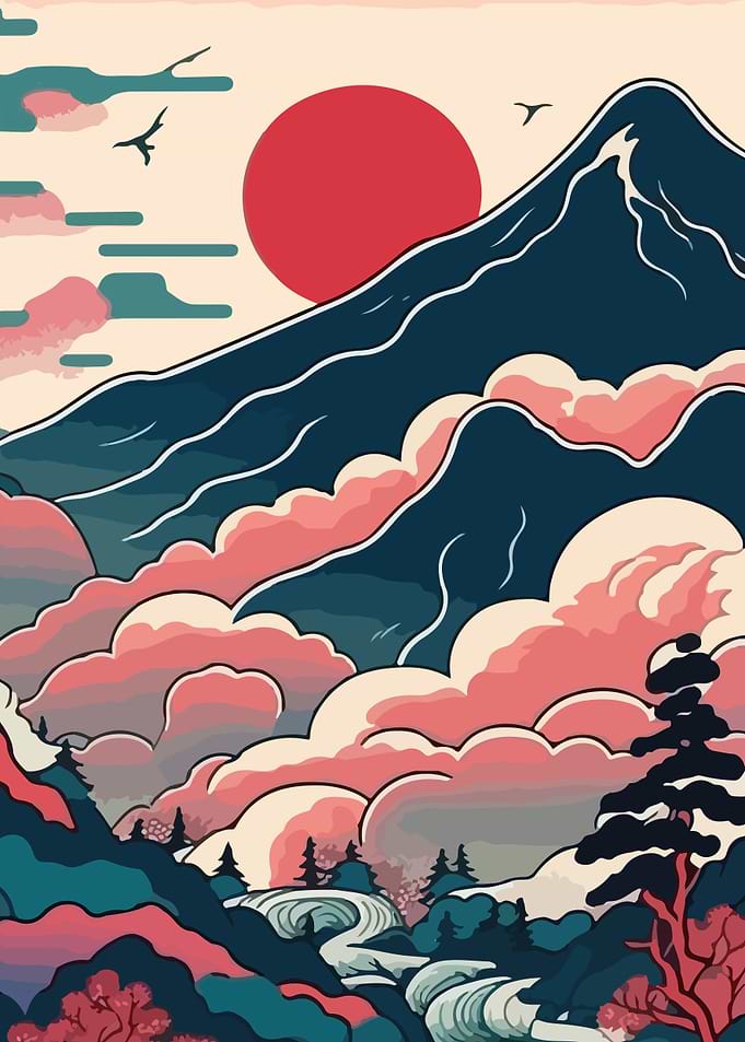 Japanese Landscape with Mountain and Sun