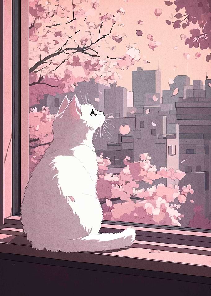 Cat gazing at cherry blossom city