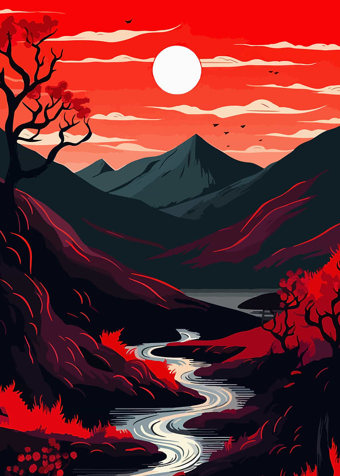 Red Landscape with River and Mountains