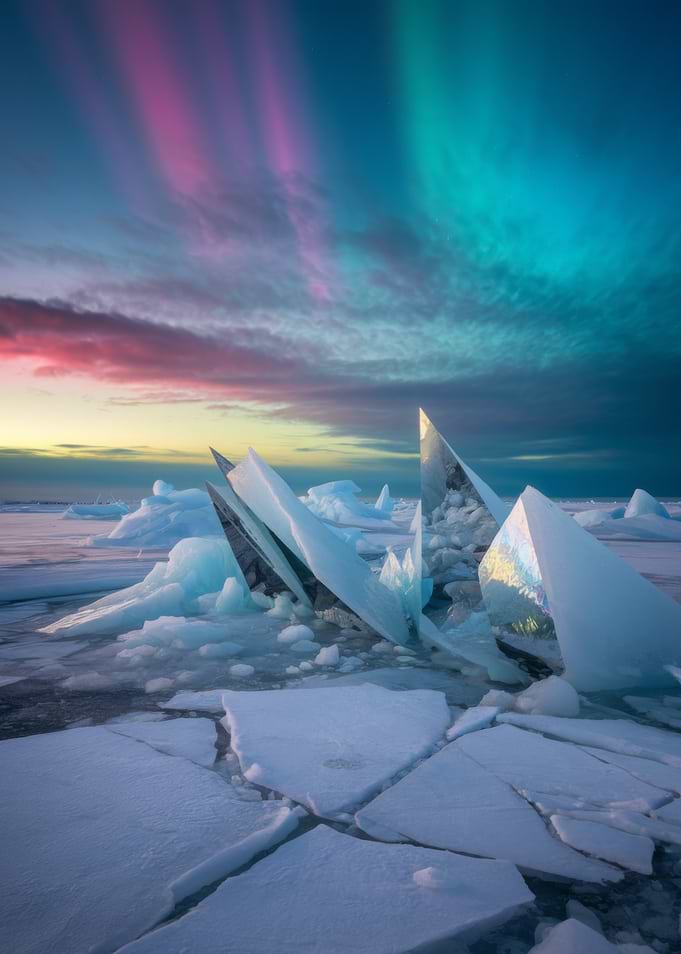 Arctic Ice Landscape with Aurora Borealis