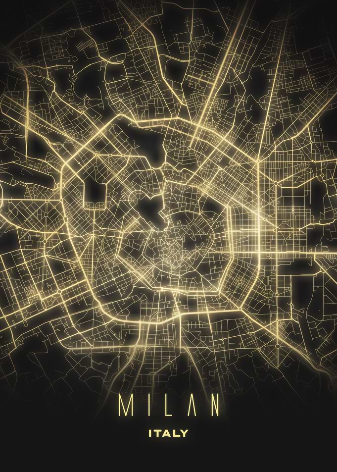 Milan, Italy - Illuminated City Map Poster, Modern Urban Nightscape