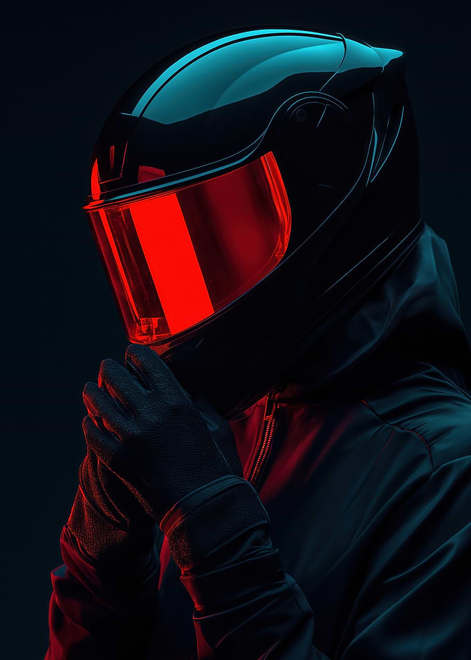 Helmeted Figure in Red and Blue Light