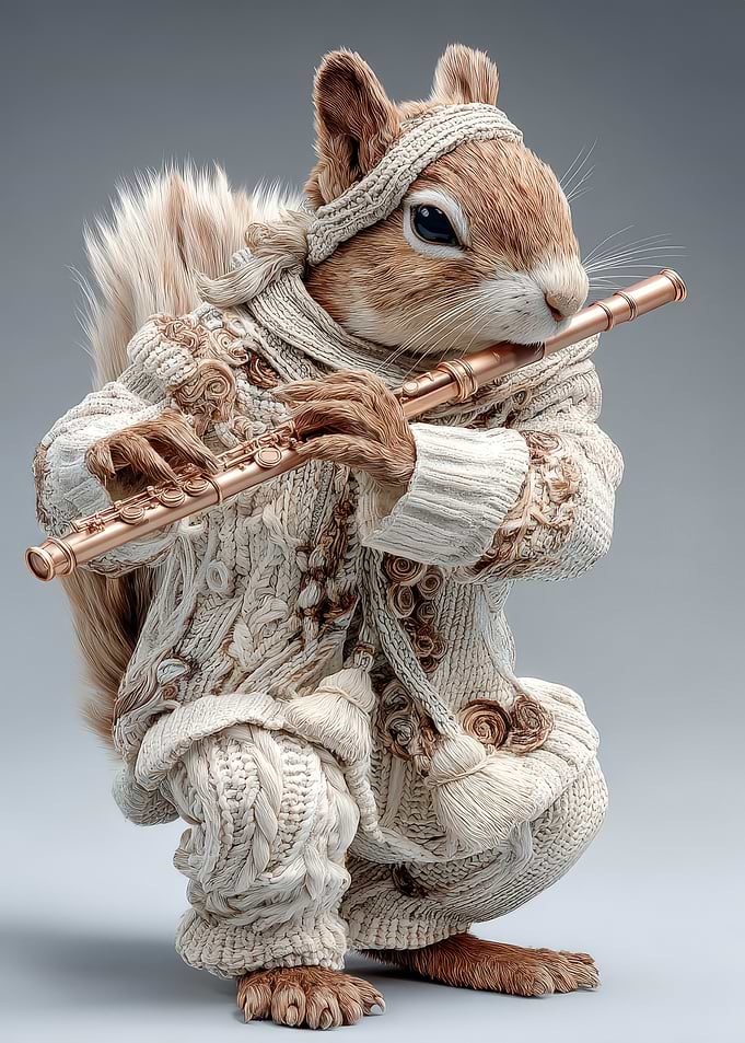 Squirrel playing flute in knitted outfit