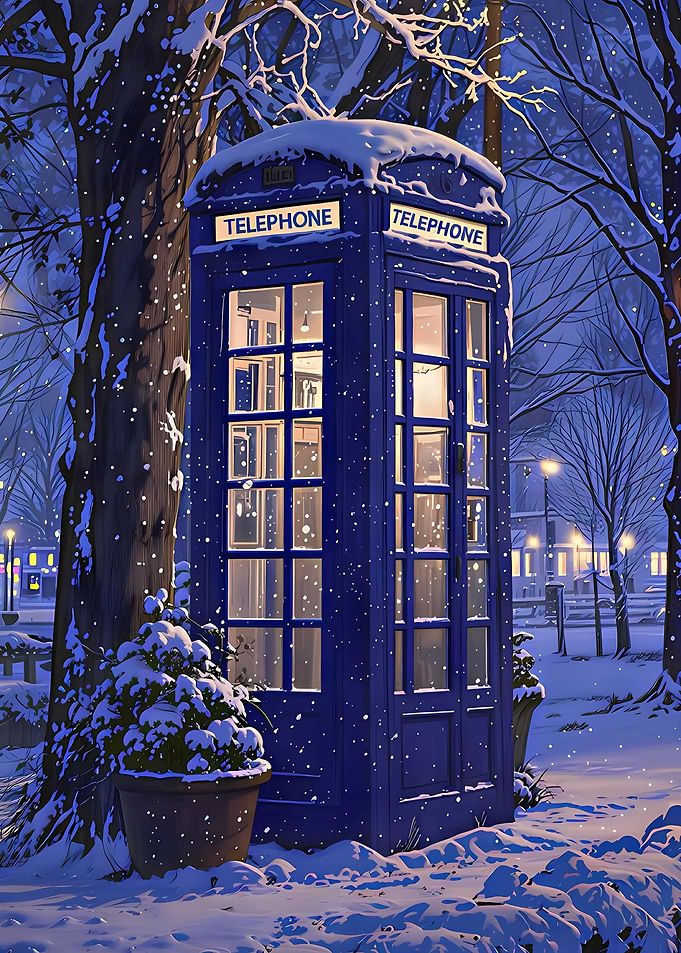 Blue Telephone Booth in Winter Snow