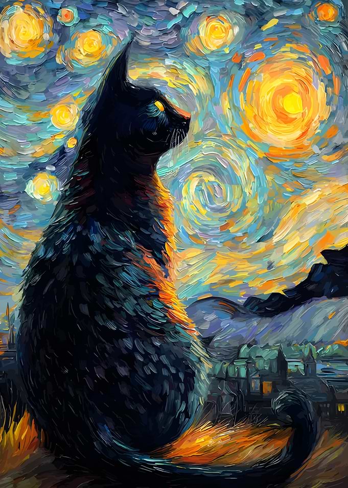 Black Cat Starry Night Painting