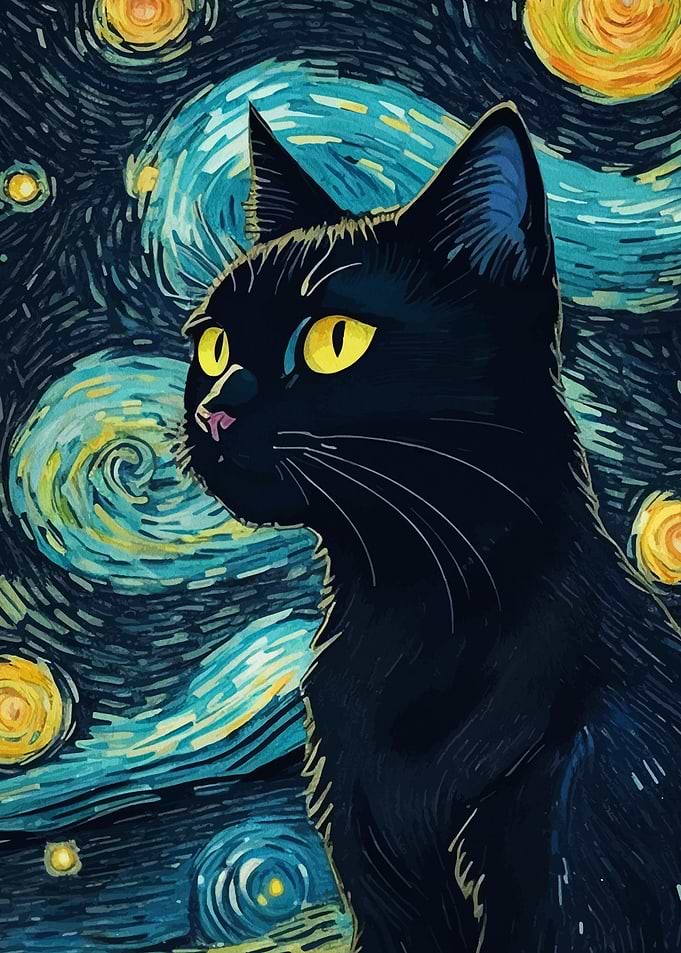 Black Cat Starry Night Art
