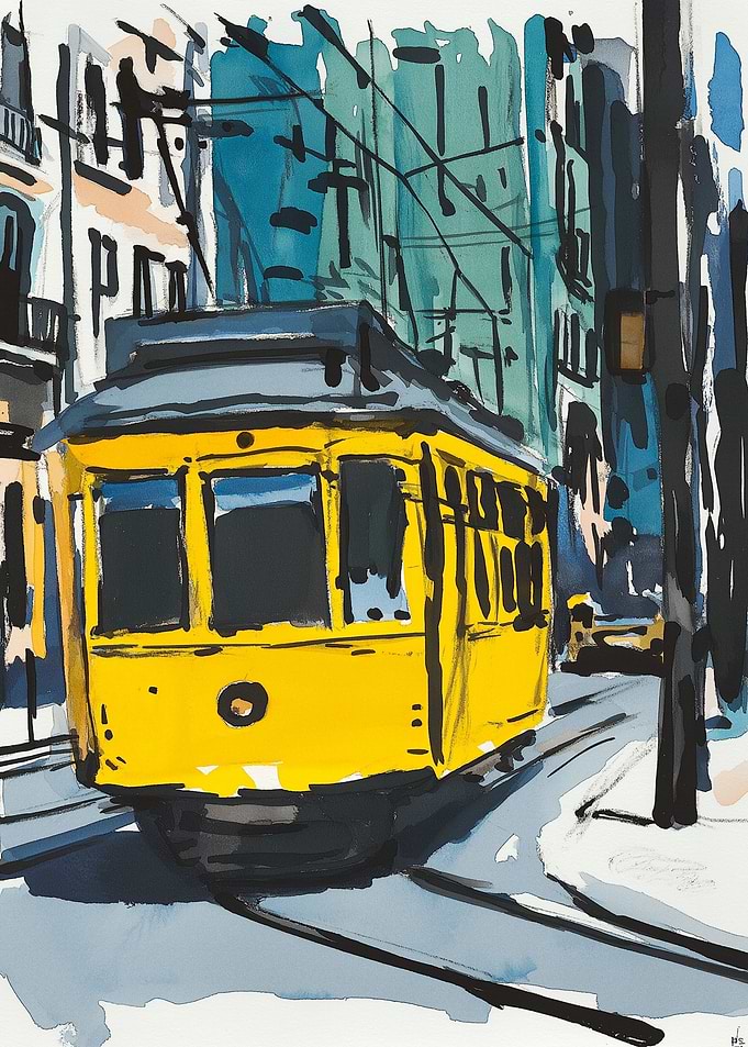 Yellow Tram in City Watercolor Painting