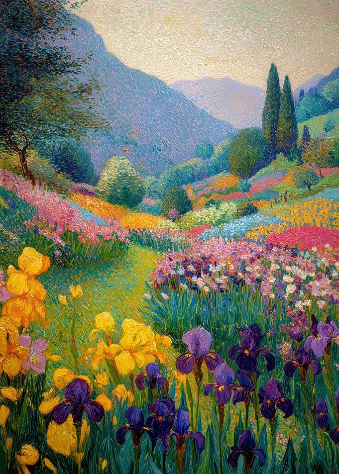 Floral Landscape Painting with Irises
