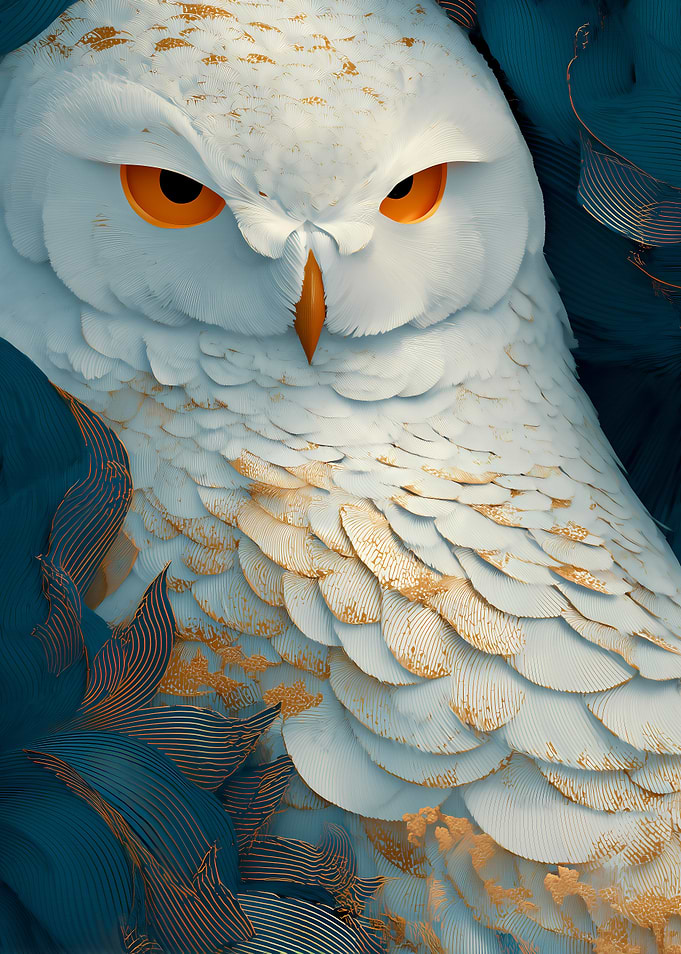 Mabro Luxa Snow Owl Portrait | Blue and Gold Wisdom Art