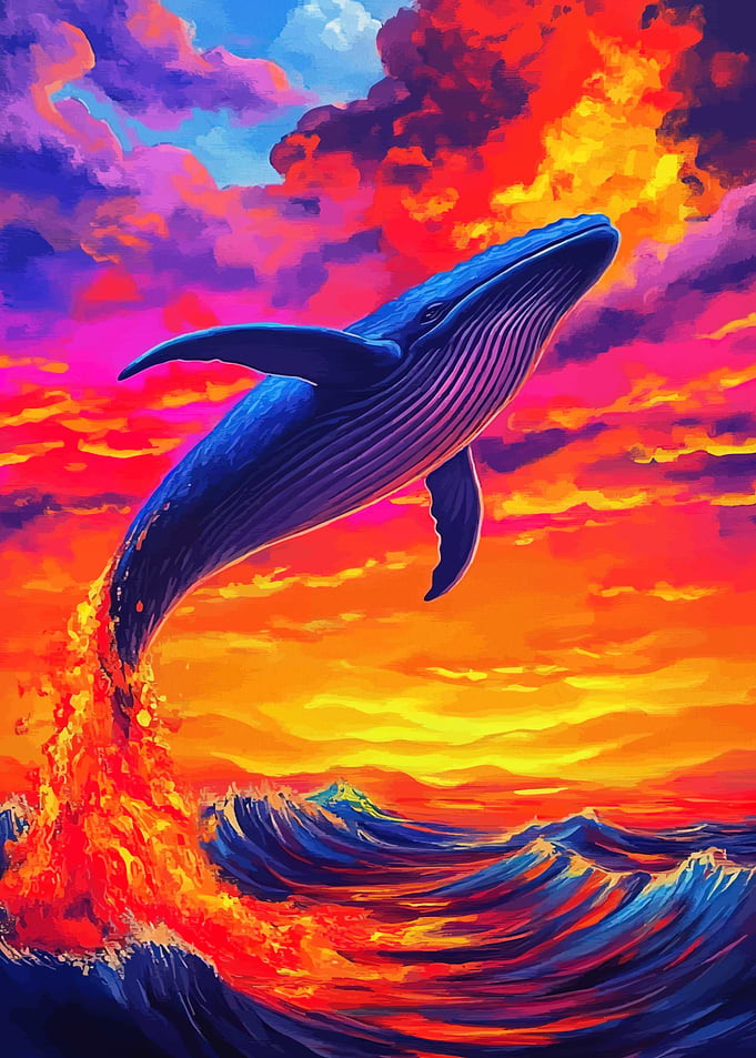 Whale breaching colorful ocean