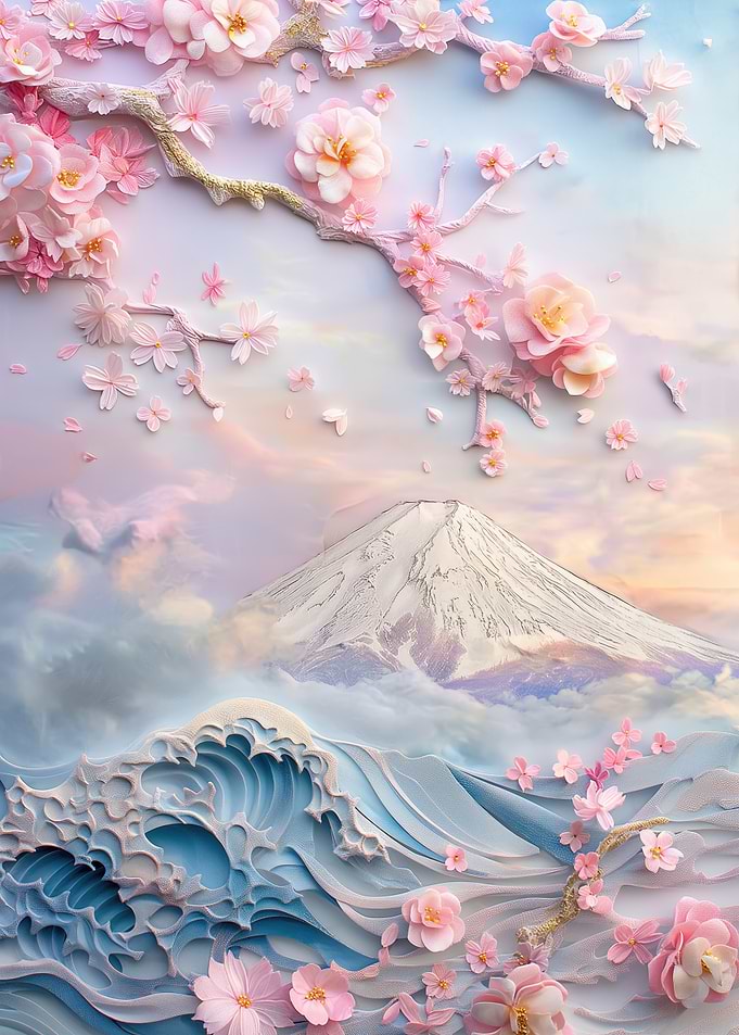 Cherry Blossoms, Wave, and Mountain