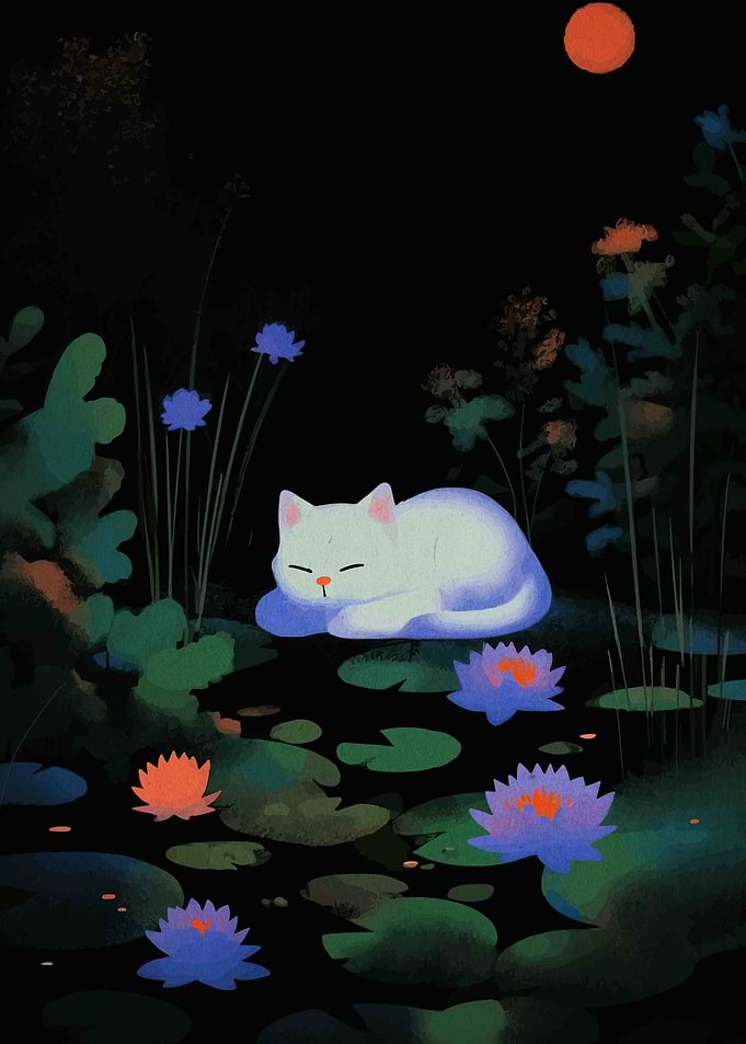 Sleeping Cat on Lily Pads