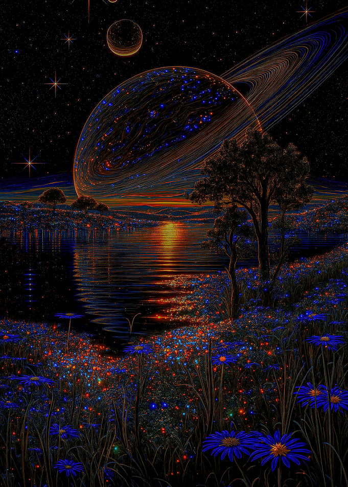 Surreal Planetary Landscape with Flowers