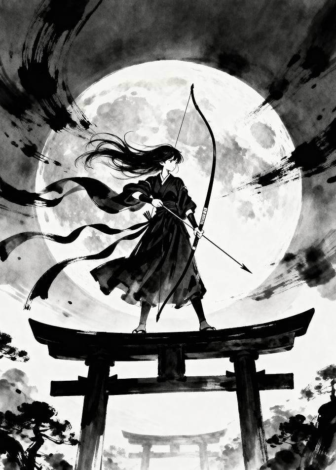 Archer on Torii Gate with Moon