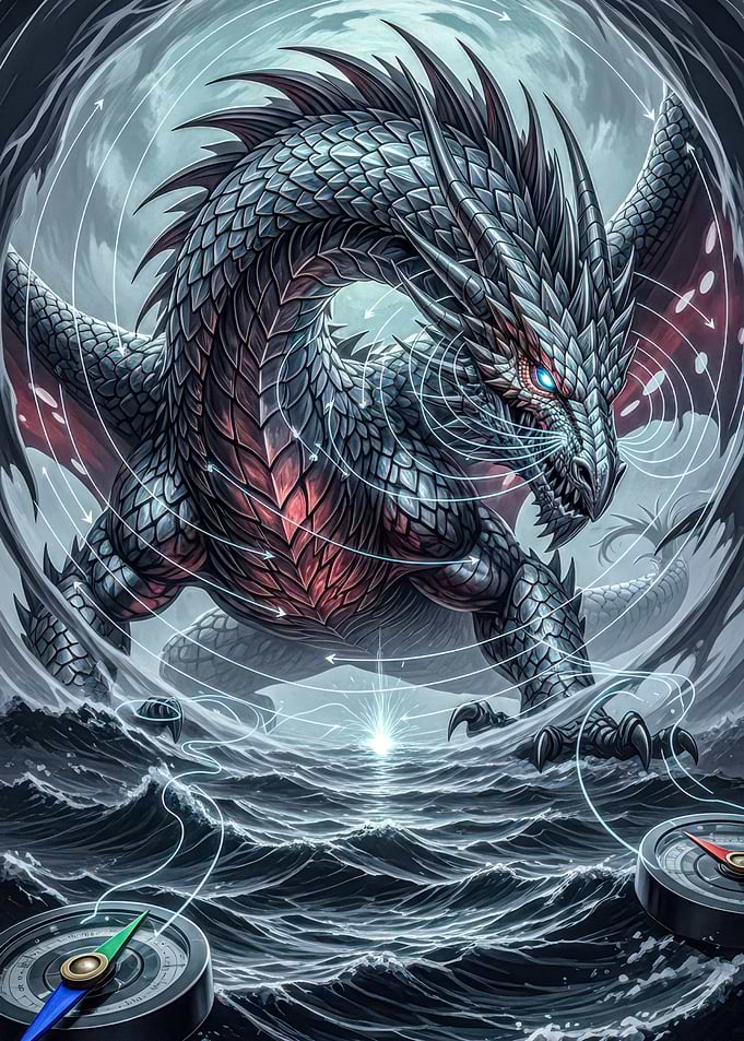 Dragon over the sea with compasses
