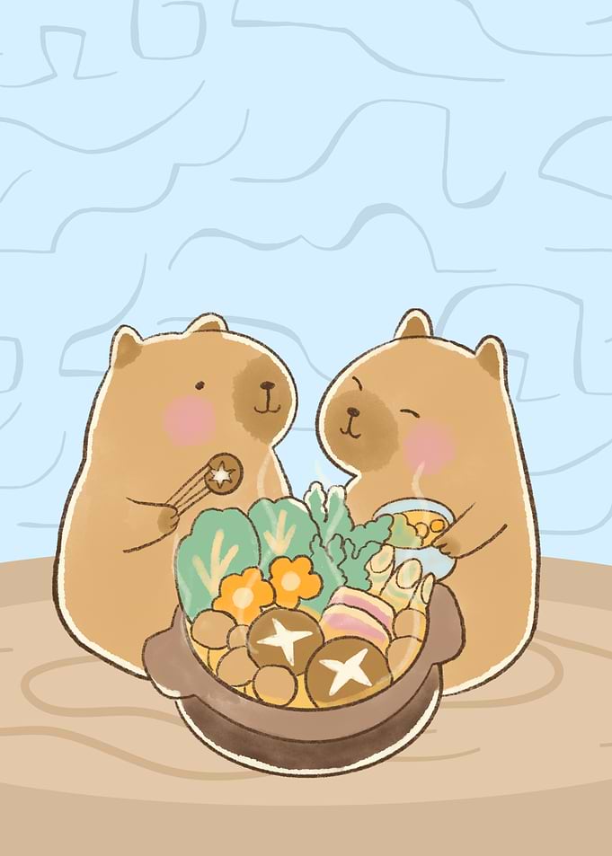 Capybaras enjoying hot pot illustration