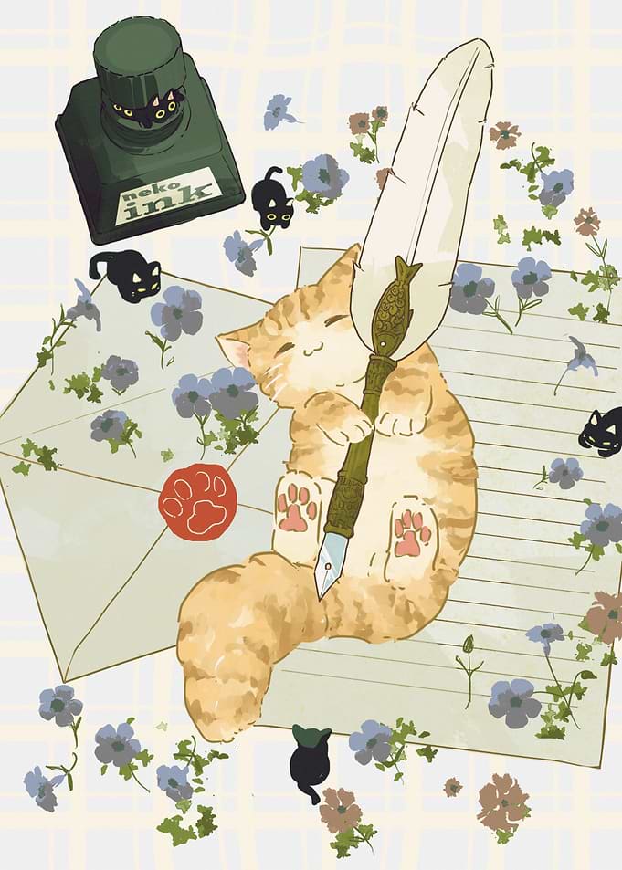 Cat with Quill Pen and Ink