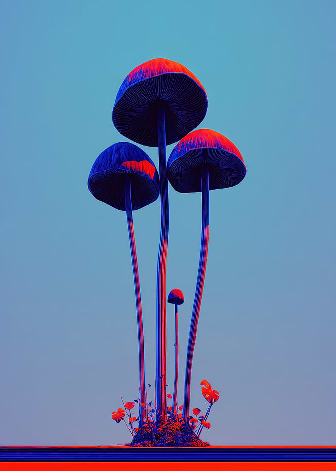 Surreal Mushrooms with Red and Blue Hues