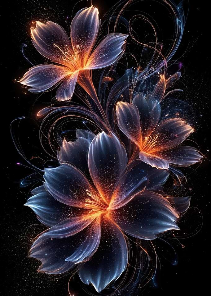 Glowing Abstract Flowers on Black Background