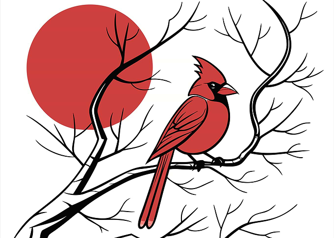 Cardinal Bird on Branch with Red Sun