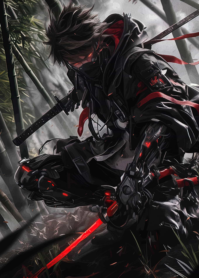 Cyberpunk Ninja with Glowing Red Katana