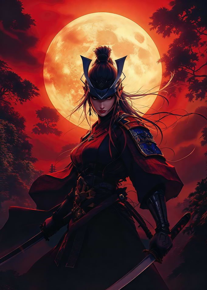 Female Samurai Warrior with Red Moon