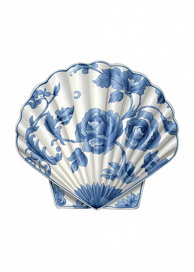 Blue Floral Seashell Plate